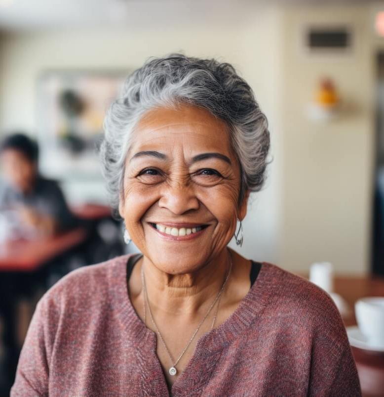 Woman in restaurant, dining for dementia.